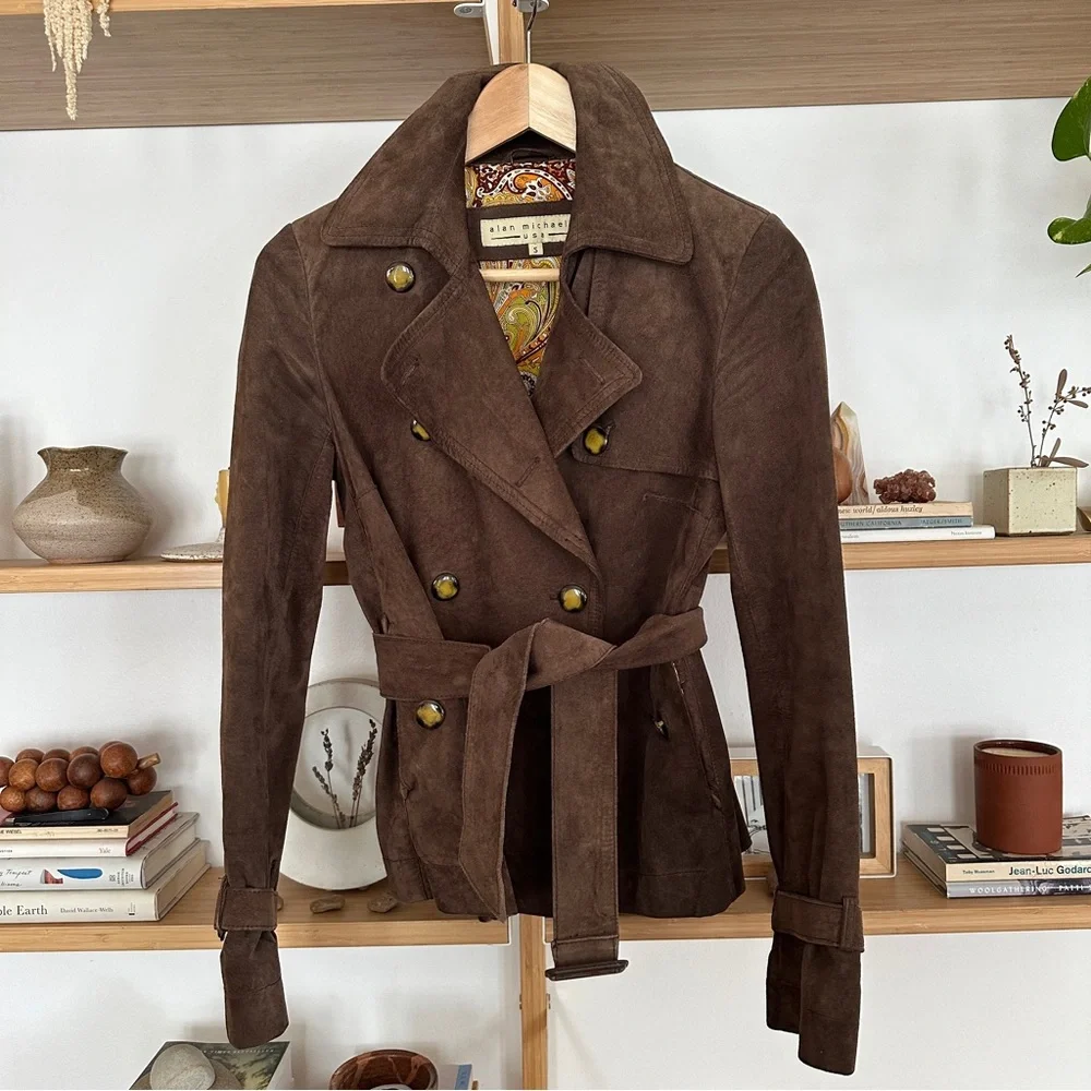 Vintage Suede Leather Cropped Trench Coat Small - Picture 6 of 7